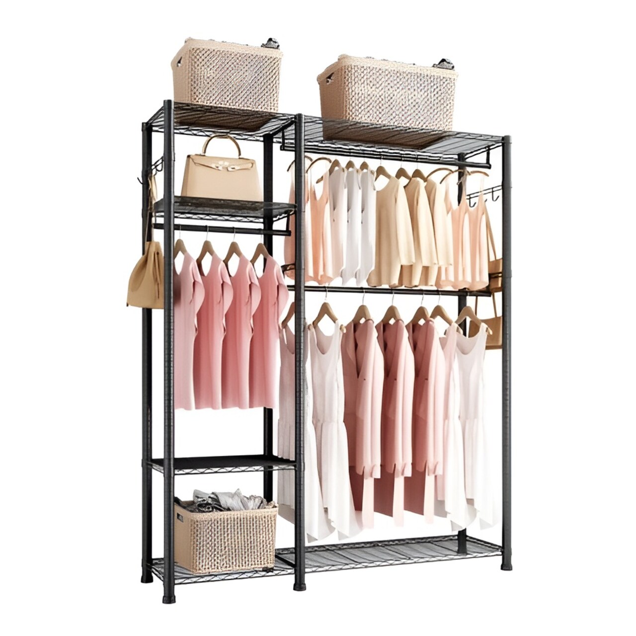 Black Carbon Steel 6-Tier Wardrobe Rack with Hanging Rods and Hooks